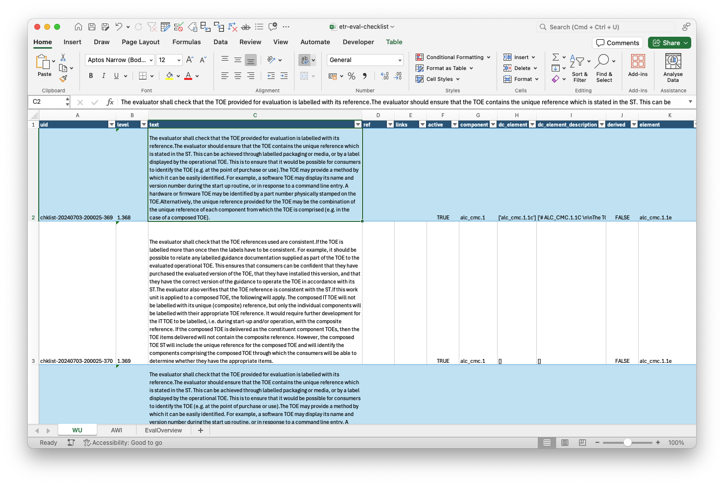 C5-DEC CAD evaluation checklist exported to Excel