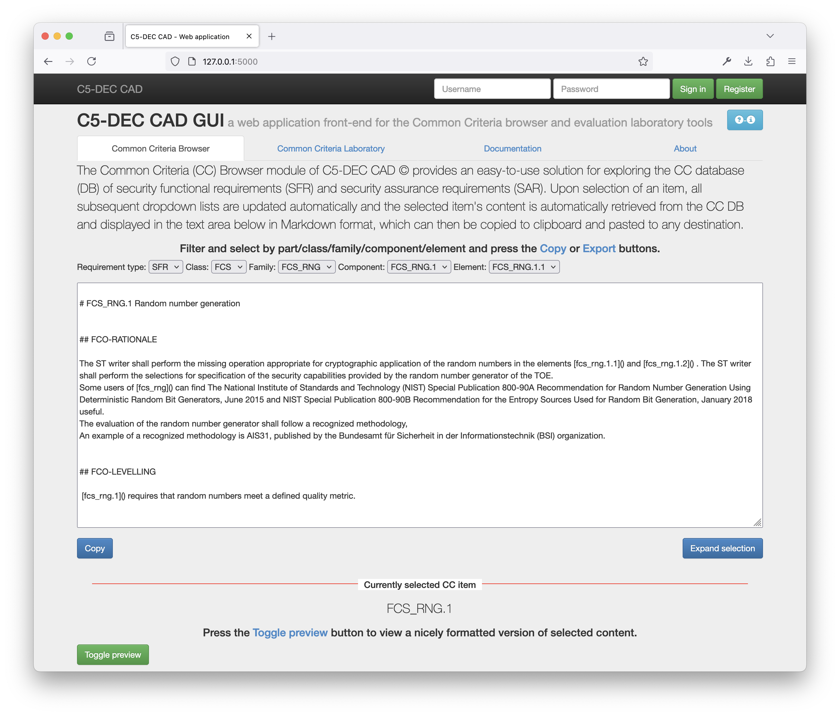 C5-DEC CAD GUI Common Criteria browser