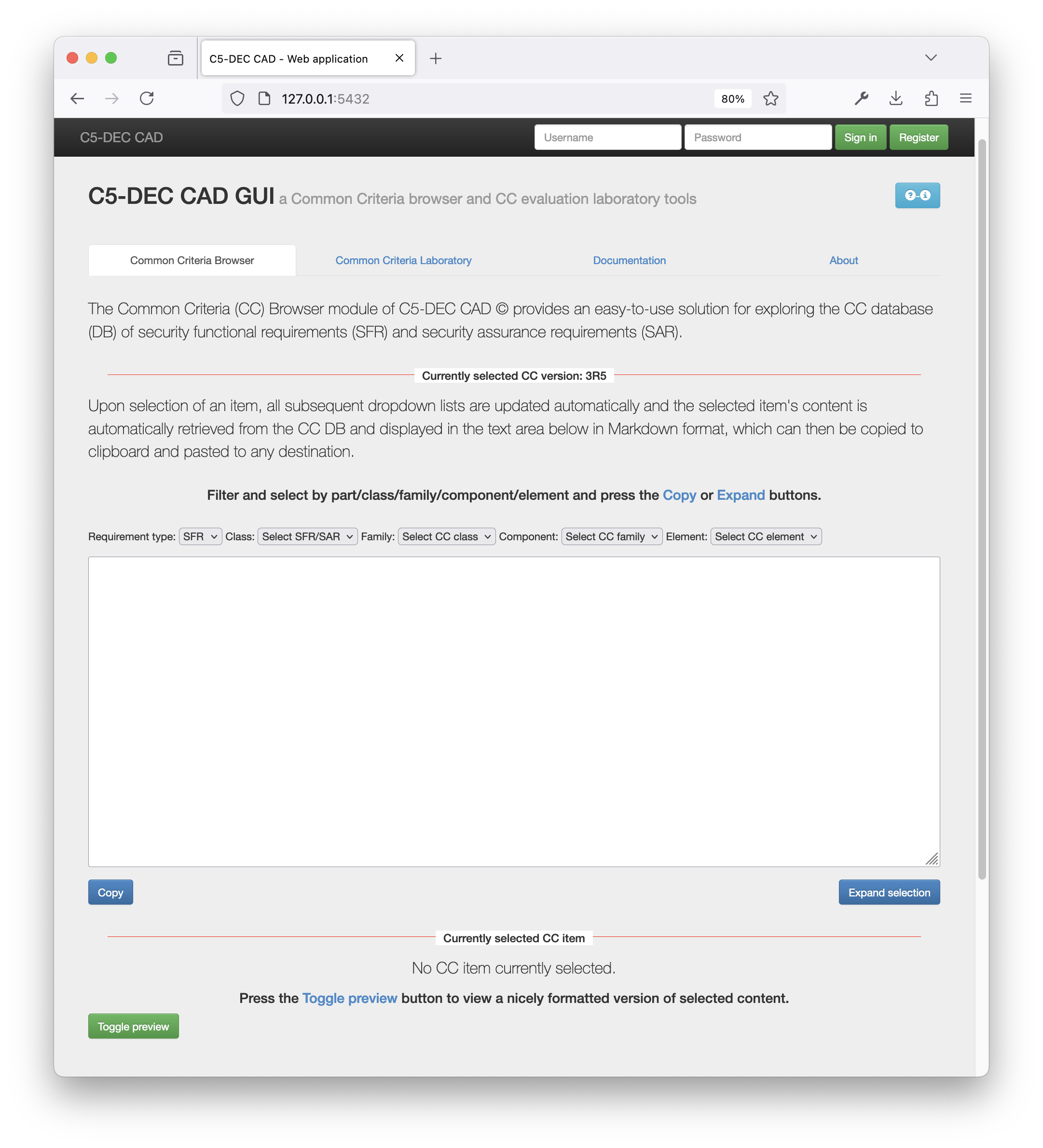 C5-DEC CAD GUI Common Criteria browser