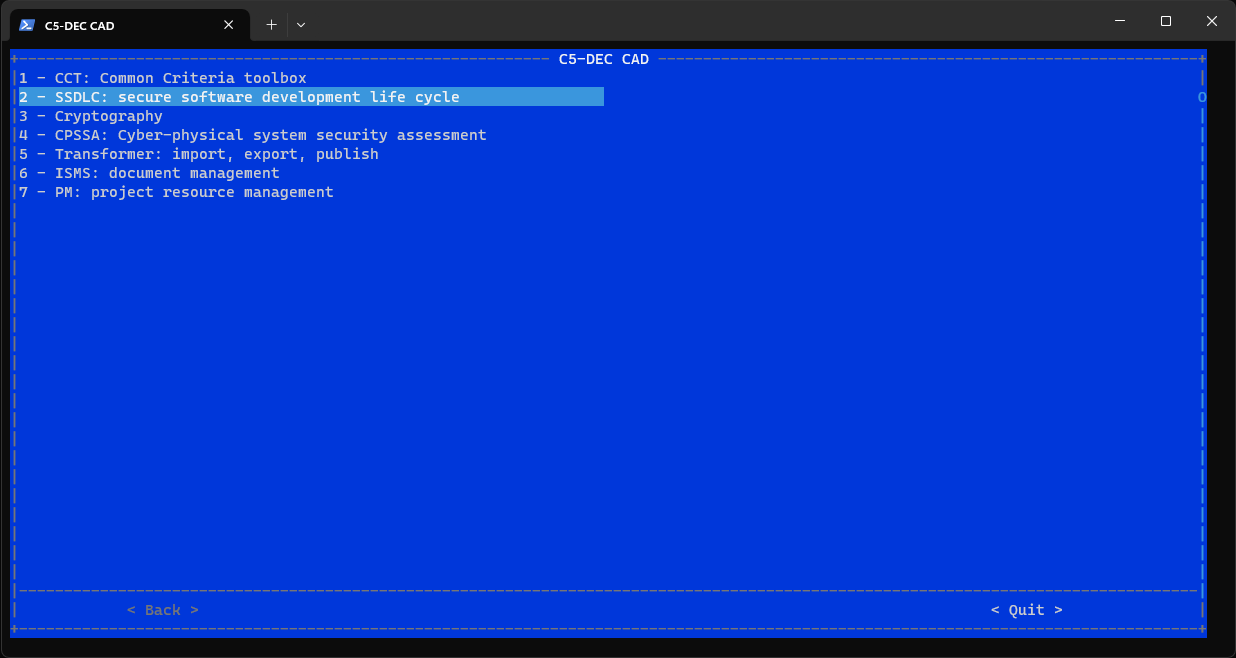 SSDLC module options in TUI