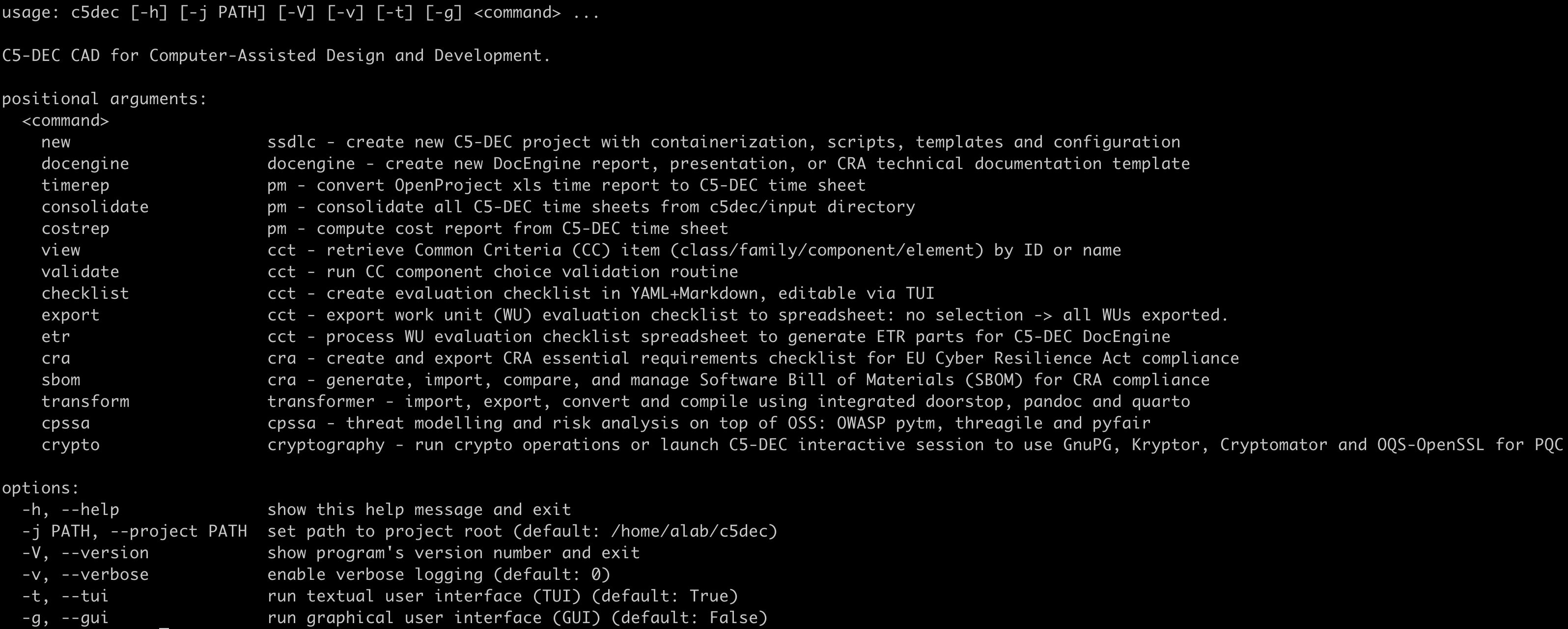 C5-DEC command-line help screen
