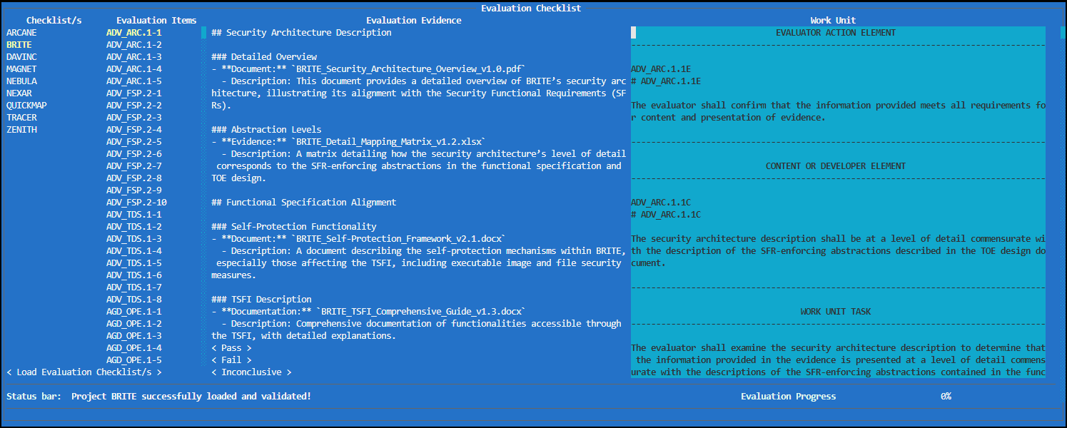 Evaluation checklist creation in TUI