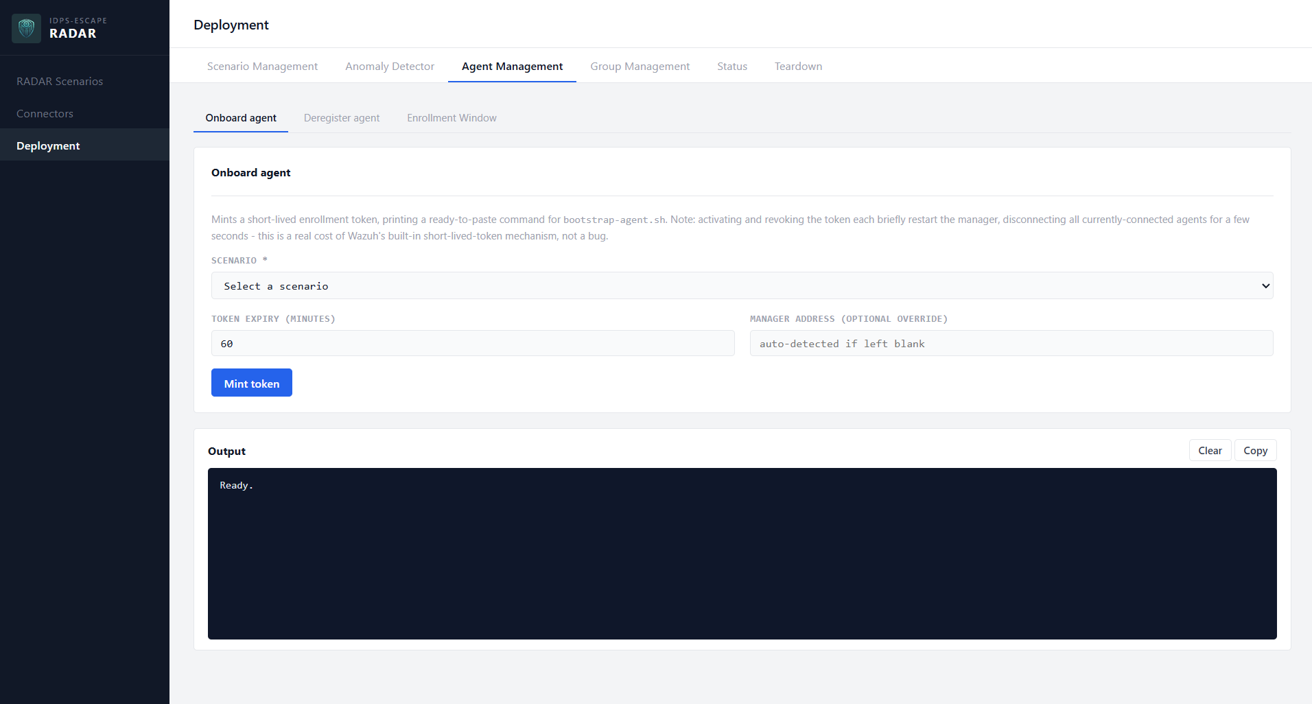 RADAR GUI Deployment page, Agent Management tab, minting an enrollment token