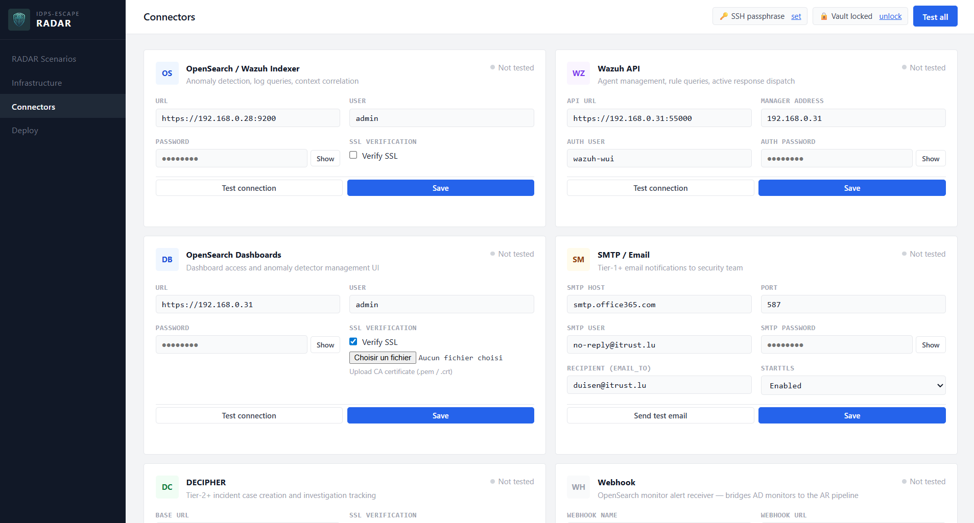RADAR GUI Connectors page with credential fields and live test buttons for all external services