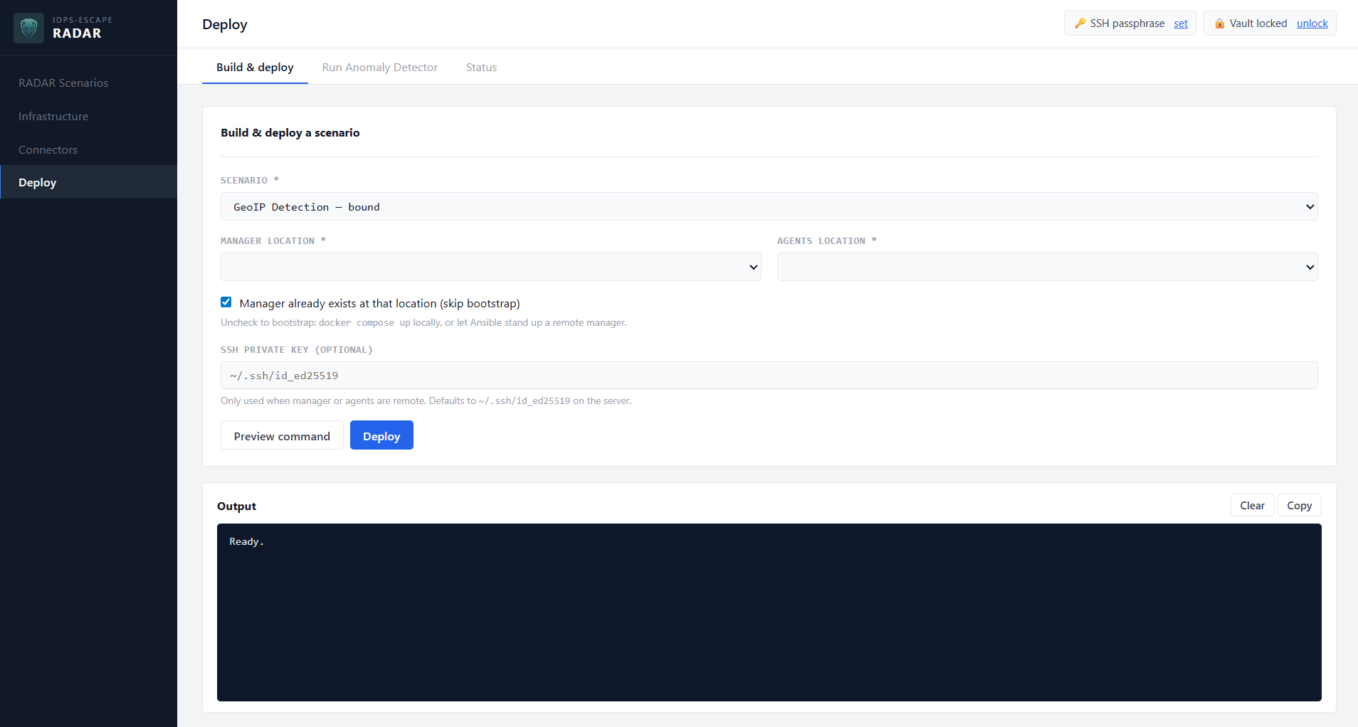 RADAR GUI Deploy page with scenario selection, mode options, and real-time Ansible output streaming