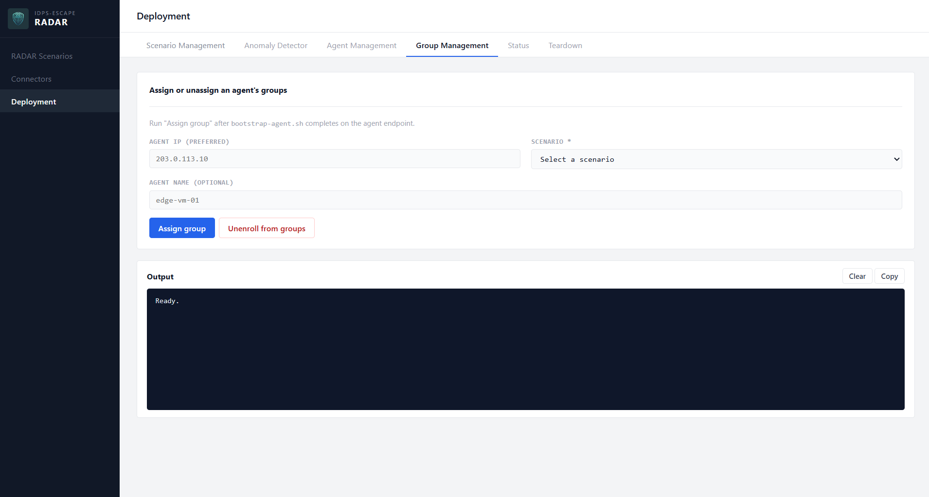 RADAR GUI Deployment page, Group Management tab, assigning an agent to a scenario group