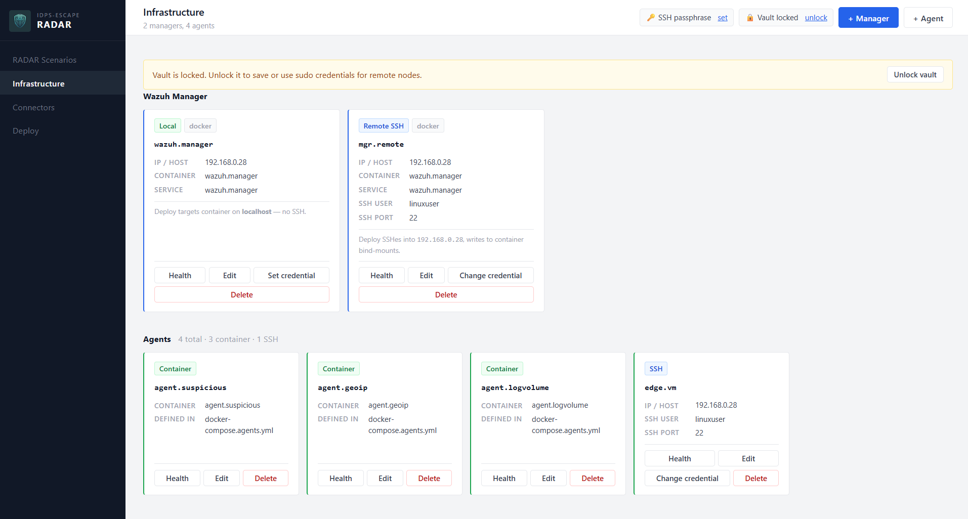 RADAR GUI Infrastructure page showing Wazuh manager and agent inventory cards