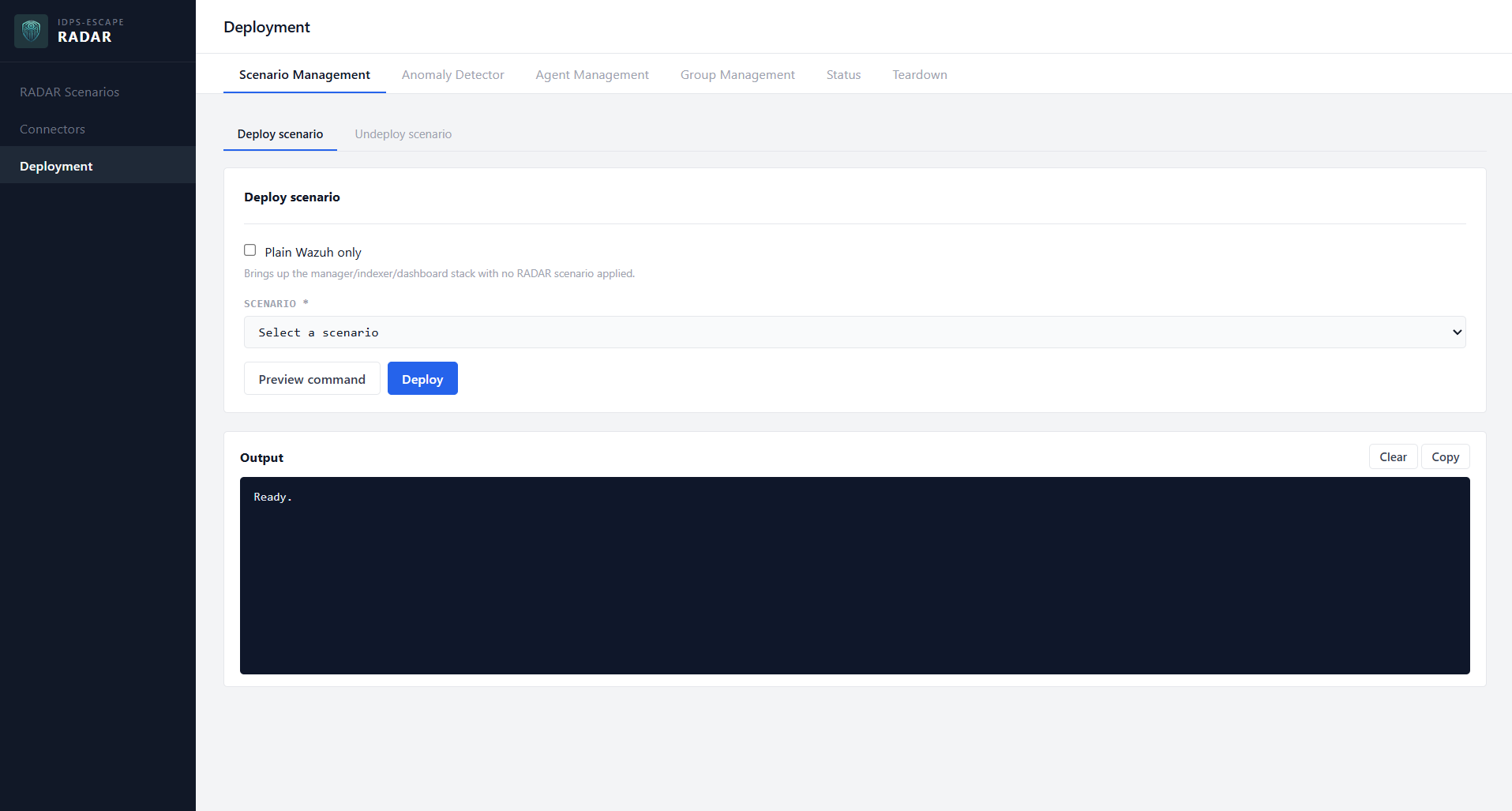 RADAR GUI Deployment page, Scenario Management tab, deploying a scenario