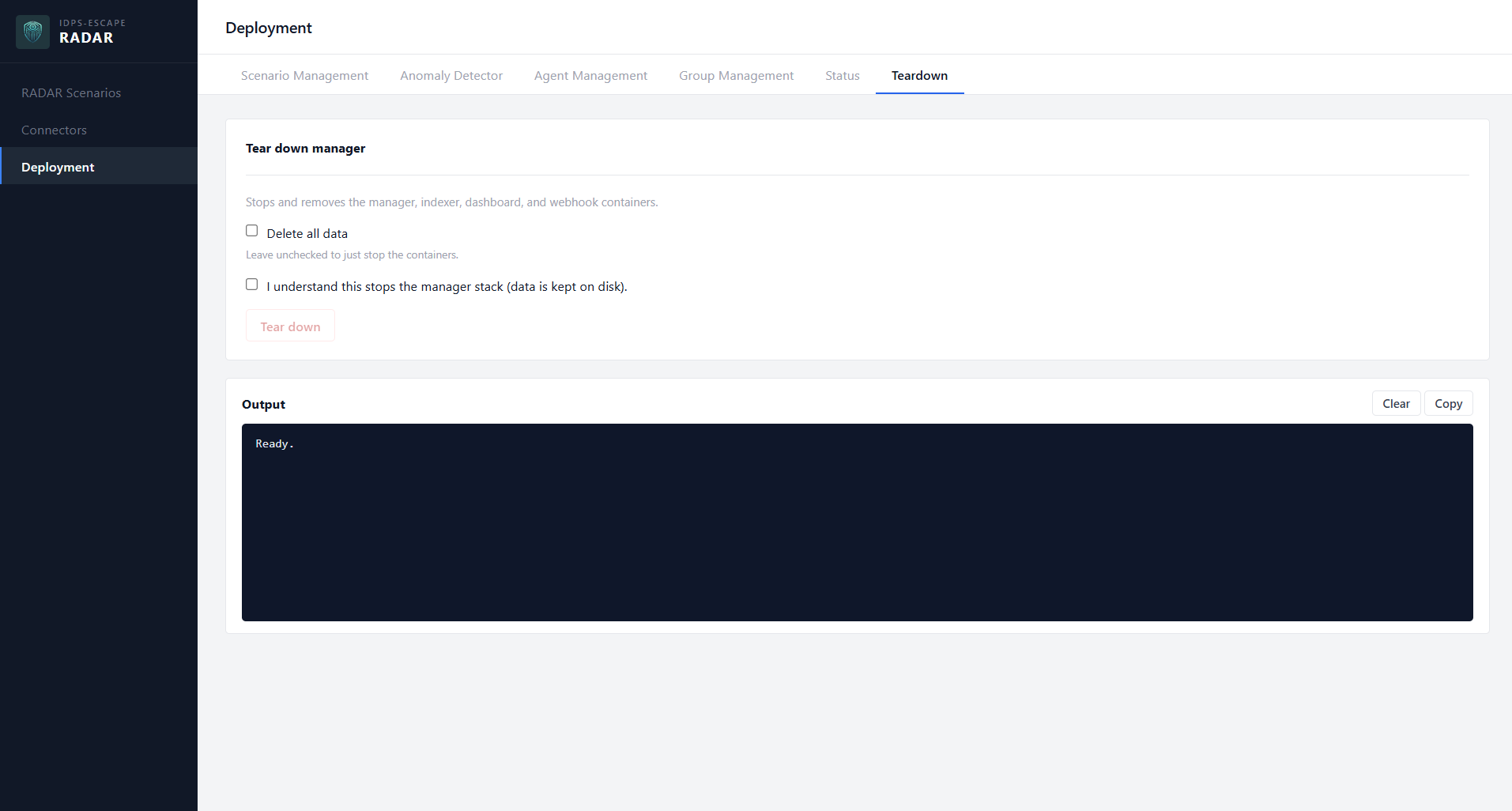 RADAR GUI Deployment page, Teardown tab, stopping the manager stack