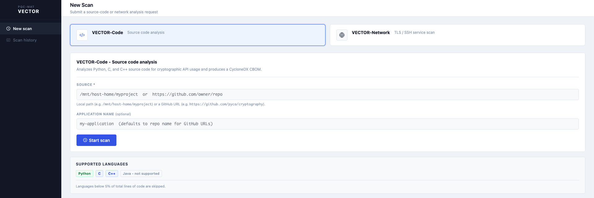 VECTOR-Code scan submission form with source path and application name fields