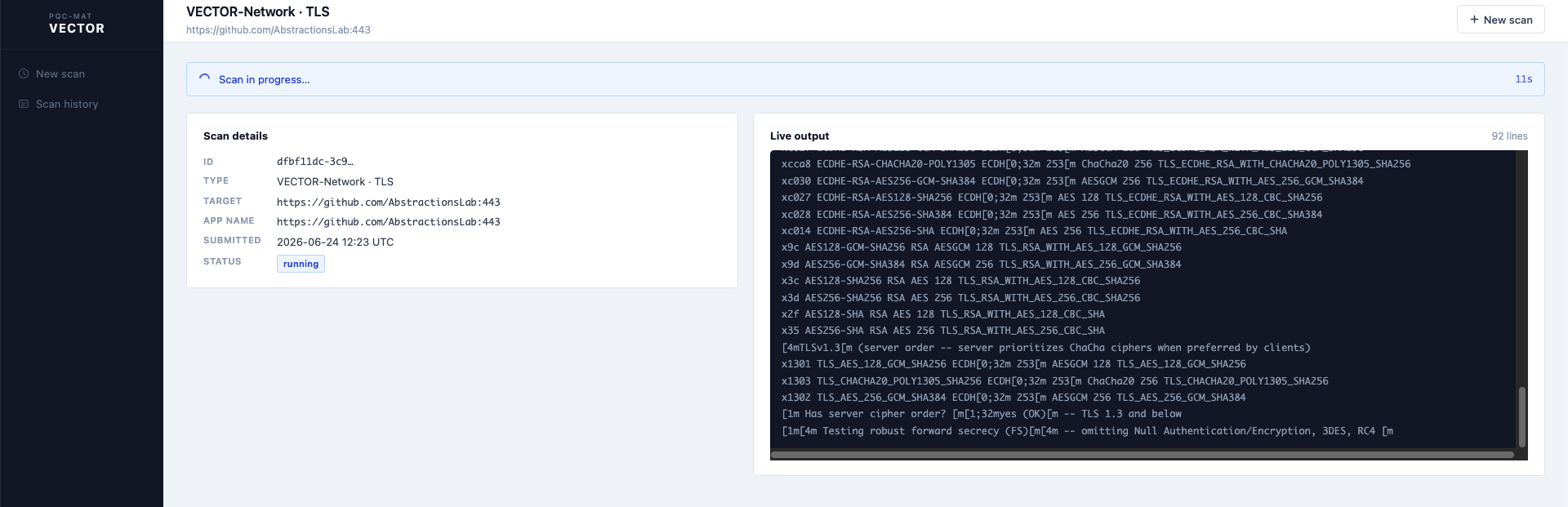 VECTOR-Network live scan view showing scan details panel and real-time terminal output of TLS cipher enumeration
