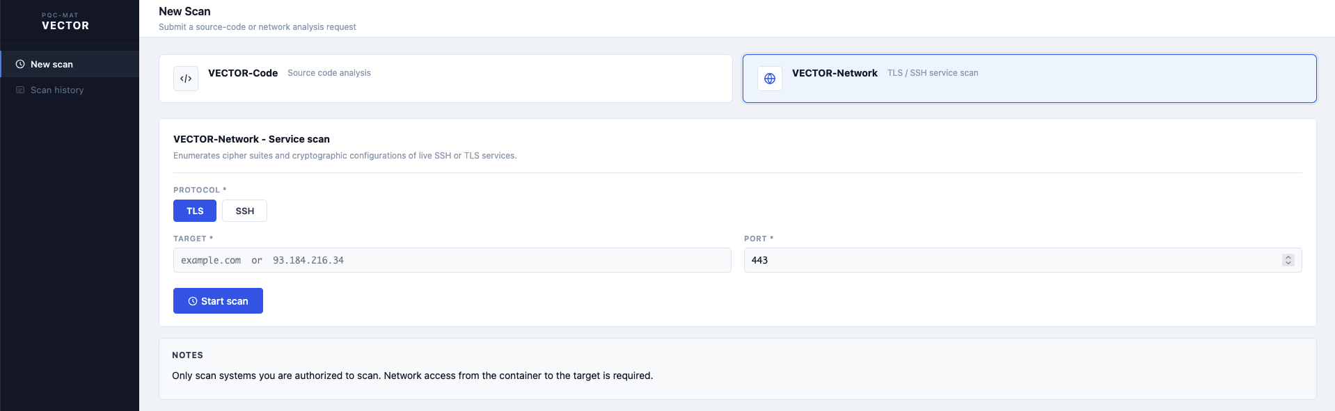 VECTOR-Network scan form showing TLS and SSH protocol tabs, target and port fields