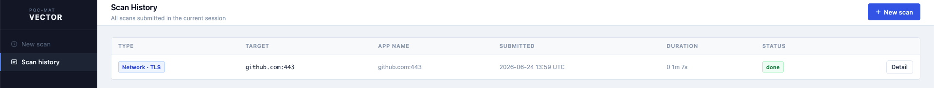 Scan history table showing columns for type, target, app name, submitted time, duration, and status, with one completed Network-TLS scan against github.com:443