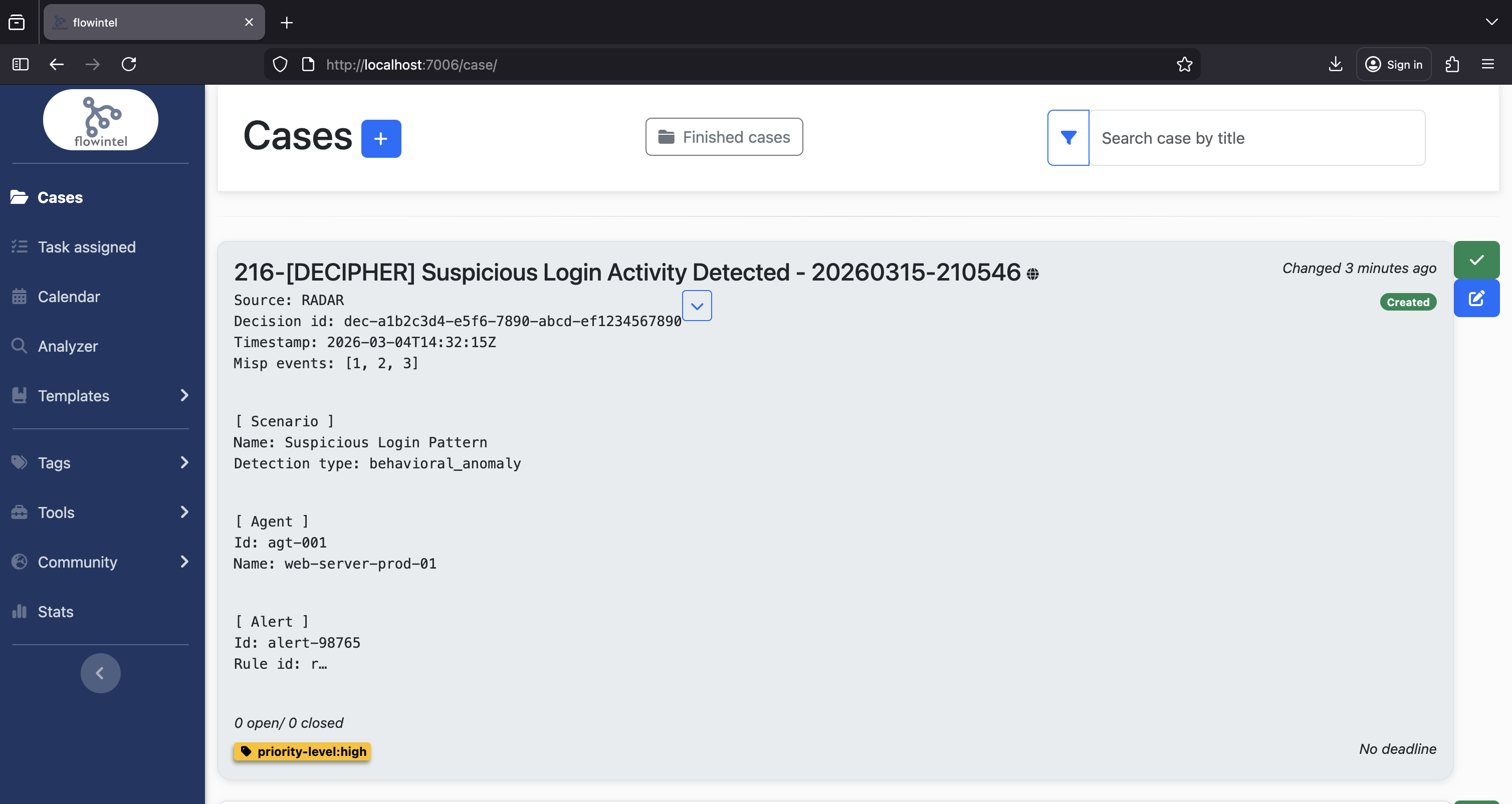 Flowintel case created by DECIPHER for a suspicious login alert with full score breakdown
