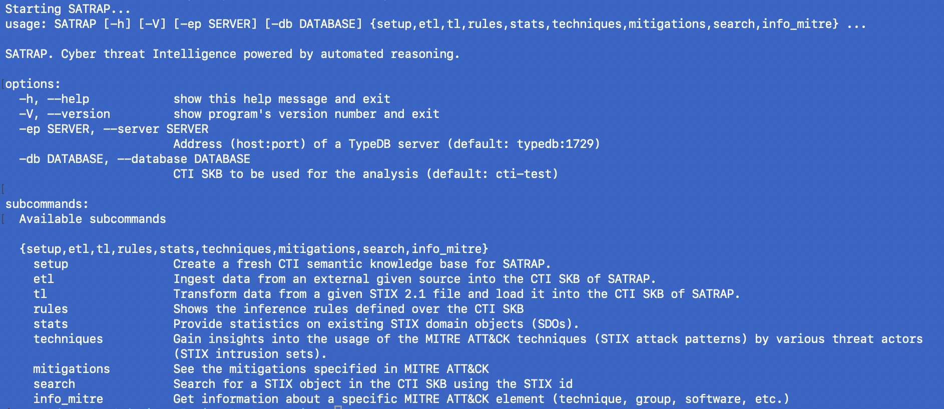 SATRAP CLI help screen showing available subcommands