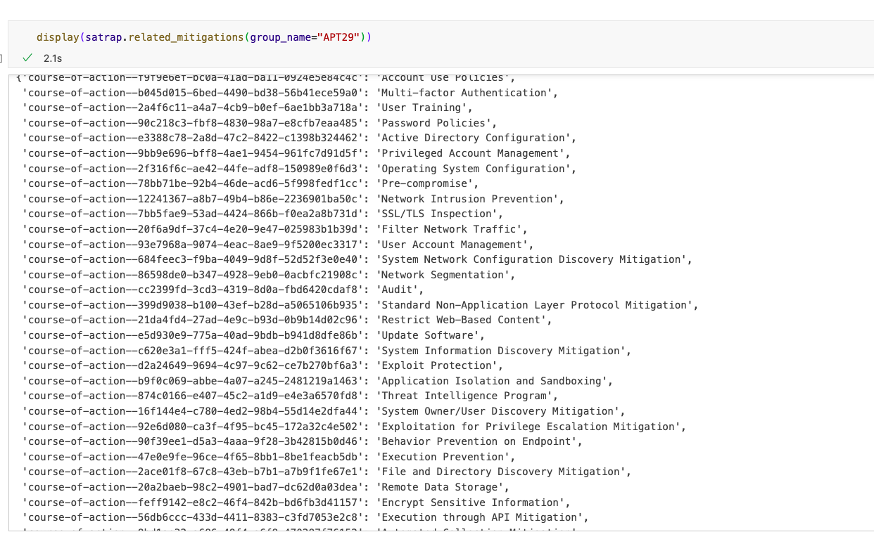 Jupyter notebook querying mitigations for a threat group